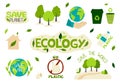 A collection of environmental stickers with the words-zero waste ecology save the planet eco recycling no plastic