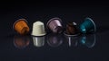 Espresso coffee pods isolated on black background, Closeup view with details, banner Royalty Free Stock Photo