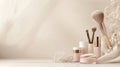 A collection of essential cosmetic products is displayed on a light surface, highlighting lipstick, powder, and makeup Royalty Free Stock Photo