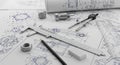 Engineering Blueprints and Drafting Tools with Precision Instruments Royalty Free Stock Photo