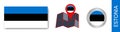 Collection of Estonian national flags isolated in official colors and icon map estonia pins with country flags