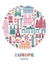 Collection of Europe detailed silhouettes. Set Travel Landmarks in the form of a circle. Vector illustration