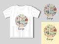 Collection of Europe detailed silhouettes. Set Travel Landmarks in the form of a circle with t-shirt mockup. Royalty Free Stock Photo