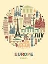 Collection of Europe detailed silhouettes. Set Travel Landmarks in the form of a circle. Vector illustration