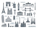 Collection of Europe detailed silhouettes. Set Travel Landmarks. vector illustration Royalty Free Stock Photo