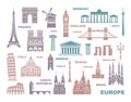 Collection of Europe detailed silhouettes. Set Travel Landmarks. vector illustration Royalty Free Stock Photo