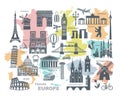 Collection of Europe detailed silhouettes. Set Travel Landmarks. vector illustration Royalty Free Stock Photo