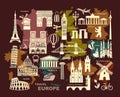 Collection of Europe detailed silhouettes. Set Travel Landmarks. vector illustration Royalty Free Stock Photo
