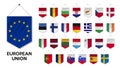 Collection European union flag  EU  and membership country on white background . Waving pennant flag design Royalty Free Stock Photo