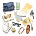 Watercolor Illustrations Of Everyday Life: Hat, Glasses, Bag And More