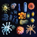 Evolving bacteria displayed in vibrant colors showcasing diversity of shapes and structures under a microscope lens