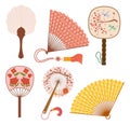 Collection Of Exquisite Asian Hand Fans, Adorned With Intricate Designs, Tassels And Vibrant Colors and Patterns