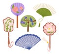 Collection Of Exquisite Asian Hand Fans, With Intricate Designs, Vibrant Colors, Delicate Materials, Flowers and Birds