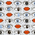 Colorful seamless pattern, eyes with eyelashes, lips. Decorative funny background, organ of vision