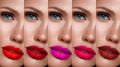 Collection: eyes and lips red, purple hues. The palette of lipsticks. Close-up