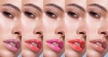 Collection: eyes and lips red, purple hues. The palette of lipsticks. Close-up