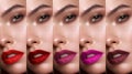 Collection: eyes and lips red, purple hues. The palette of lipsticks. Close-up Royalty Free Stock Photo