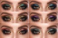 Collection of eyes shadows colorful hues. The palette of lipsticks. Close-up