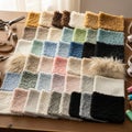 A collection of fabric samples is arranged on a wooden table Royalty Free Stock Photo
