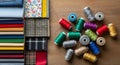 A collection of fabric swatches and colorful thread spools on a wooden surface. The Royalty Free Stock Photo