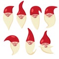 Collection of fairy-tale gnomes` faces on a white background. Seven gnomes cartoon characters. Vector flat illustration of a set