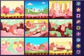 Collection of fairy tale landscapes, sweet candy land, details for computers game interface vector Illustrations Royalty Free Stock Photo