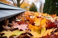 collection of fallen leaves on a rooftop gutter