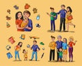 Collection with family and children situations.Happy Loving Family. Smiling Parents and Their Kids and their grandson embracing