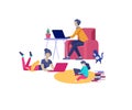 Collection of family hobby and activities. Mother, father and children relaxing at home with gadgets together. Cartoon