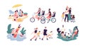 Collection of family outdoor recreational activities. Mother, father and children sunbathing, riding bikes, walking