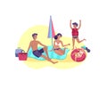 Collection of family summer hobby activities. Mother, father and children sunbathing, swimming, traveling together