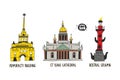 Collection of famous buildings in Saint-Petersburg, Vector art. Royalty Free Stock Photo