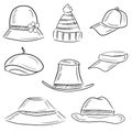 Collection of fashion trendy modern hats types: baseball, vizor, bucket, panama, fascinator, bowler, beret, cloche in black on