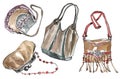 Collection of fashionable leather bags in boho style.