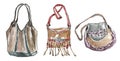 Collection of fashionable leather bags in boho style.