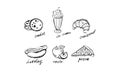Collection of fast food dishes, cookies, ice cream, croissant, hot dog, apple, pizza, hand drawn vector Illustration on