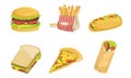 Collection of Fast Food, Takeaway Street Food Dishes, Burger, French Fries, Hot Dog, Sandwich, Pizza, Shawarma, Vector