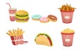 Collection of Fast Food, Takeaway Street Food Dishes, Burger, Soda Drink, French Fries, Donut, Popcorn Vector