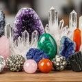 The collection features an amethyst geode clear quartz points a pink rose Royalty Free Stock Photo