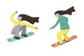 Collection of female cartoon characters performing winter activities. Set of women dressed in outerwear snowboarding