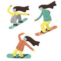 Collection of female cartoon characters performing winter activities. Set of women dressed in outerwear snowboarding