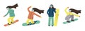 Collection of female cartoon characters performing winter activities. Set of women dressed in outerwear snowboarding