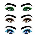 Collection female eyes and eyebrows of shapes, different colors, with without makeup