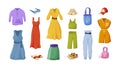 Collection of female fashion summer apparel. Set of feminine clothes or woman wardrobe outfit