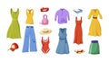 Collection of female fashion summer apparel. Set of feminine clothes or woman wardrobe outfit