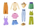 Collection of female fashion summer apparel. Set of feminine clothes or woman wardrobe outfit