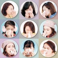 Collection of female patient using tissue to sneeze and blowing her nose