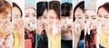 Collection of female patient using tissue to sneeze and blowing her nose