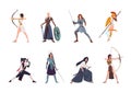 Collection of female warriors from Scandinavian, Greek, Egyptian, Asian mythology and history. Set of women wearing