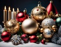 A collection of festive Christmas ornaments arranged in a decorative display on a wooden table Royalty Free Stock Photo